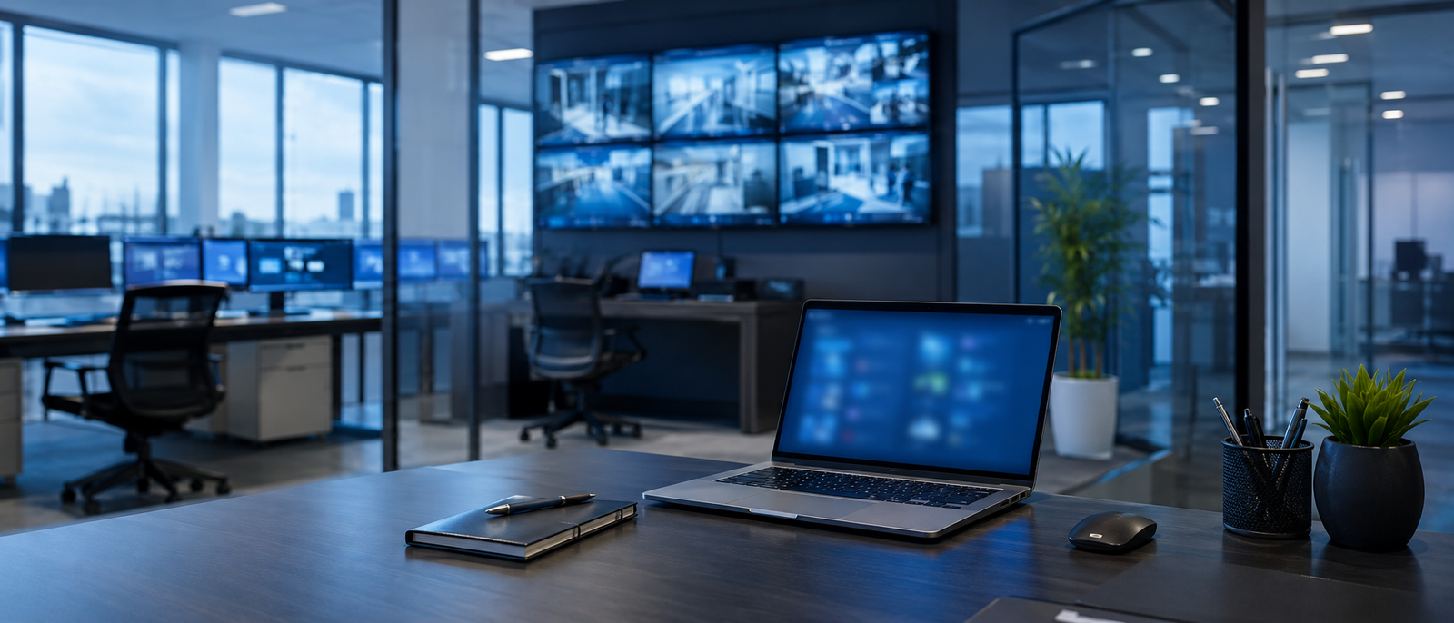 Sala de control de seguridad con monitores de videovigilancia y portátil mostrando la plataforma de formación