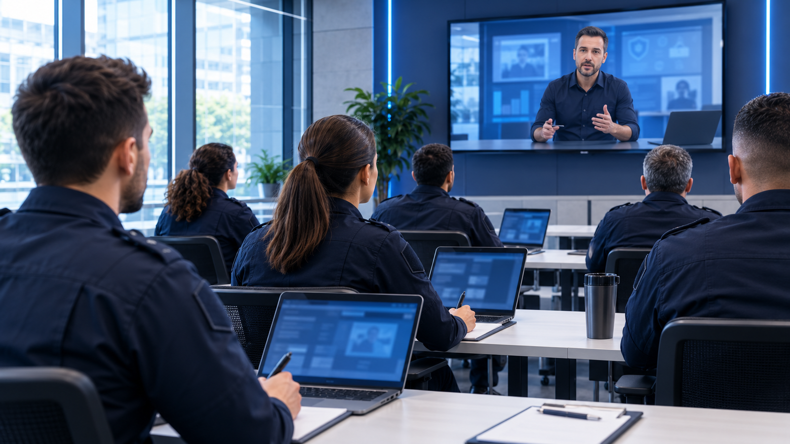 Equipo de vigilantes de seguridad siguiendo una sesión de formación online en sala corporativa