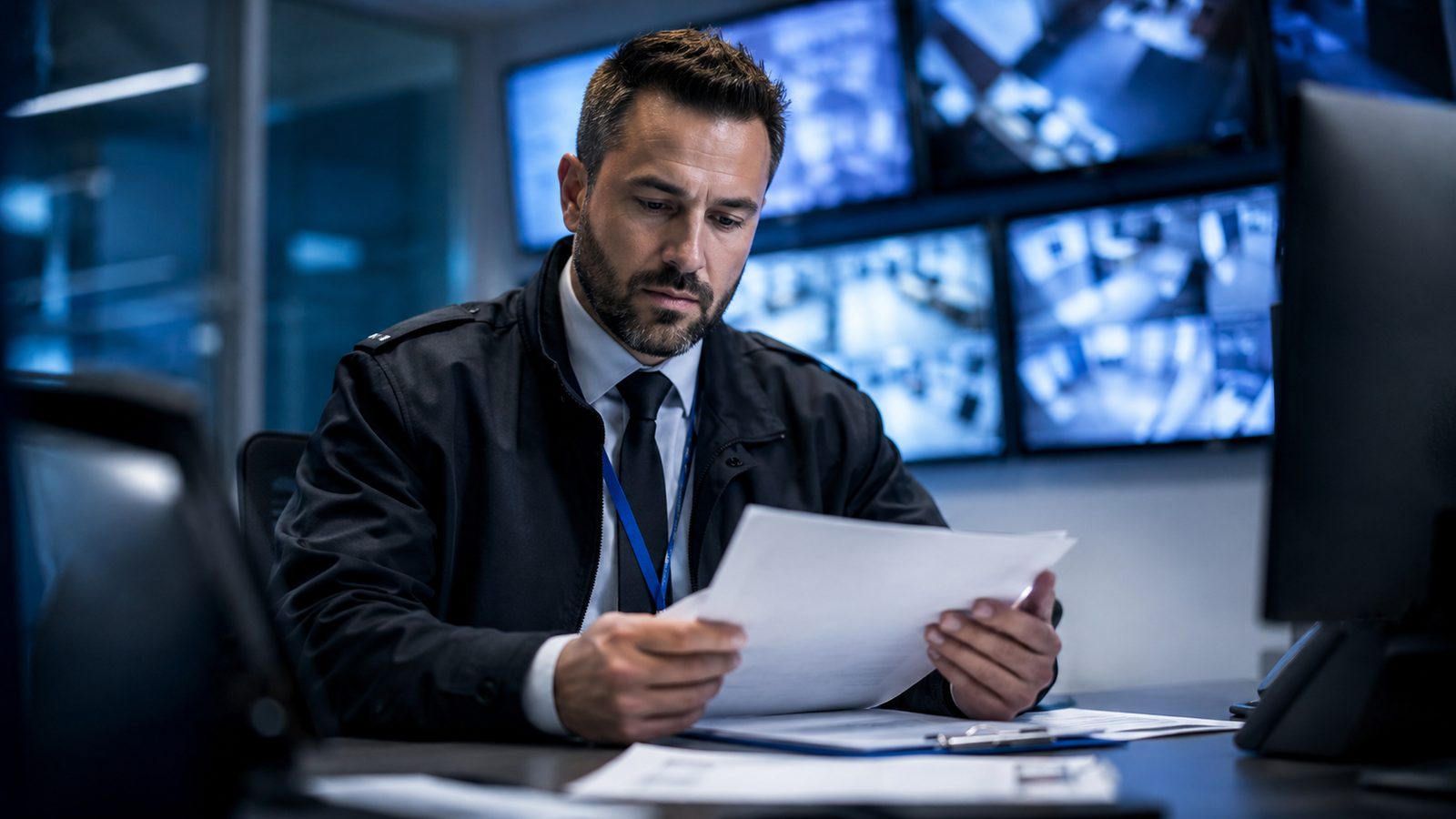 Supervisor de seguridad revisando documentación en una oficina